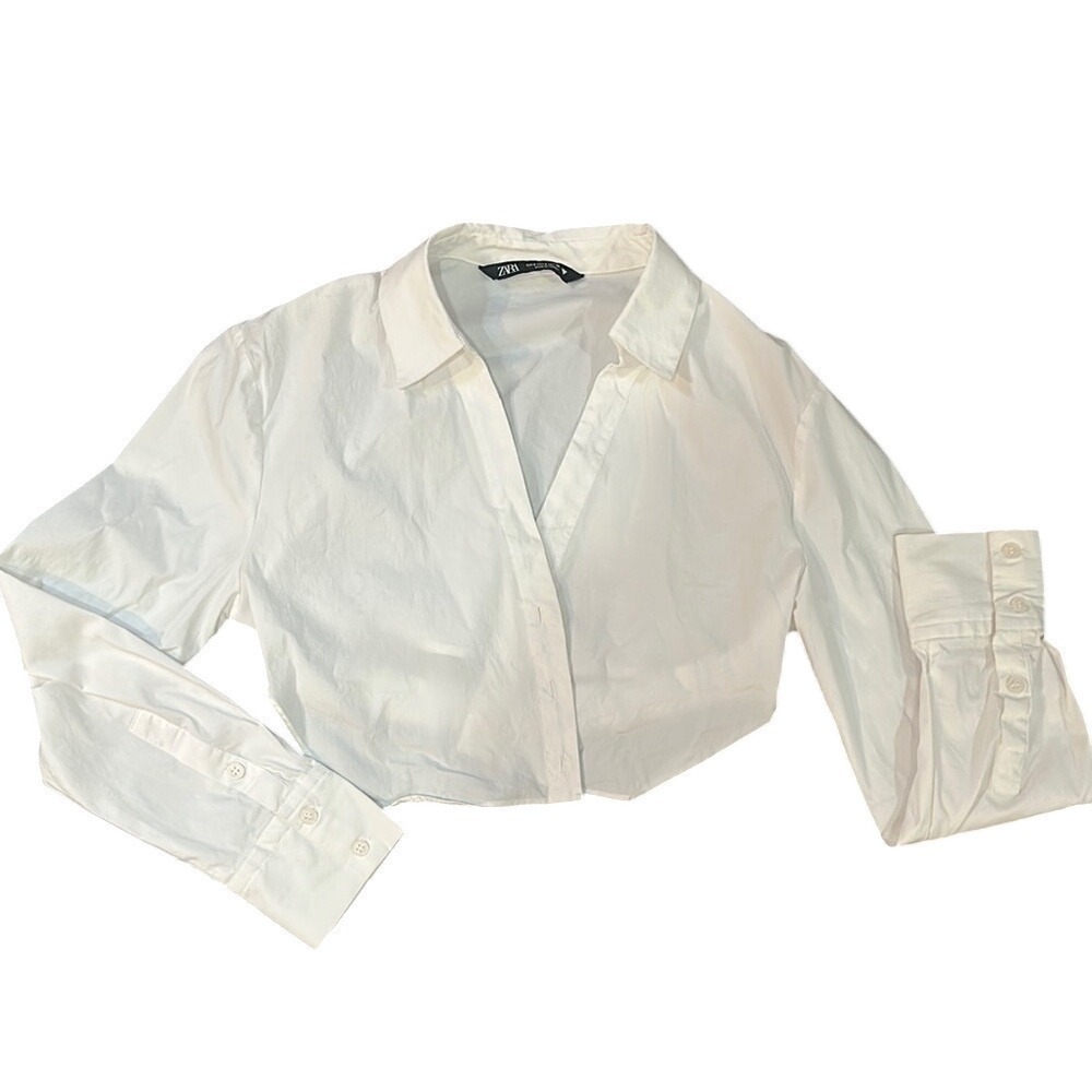 Zara White Cropped Shirt with Long Sleeves